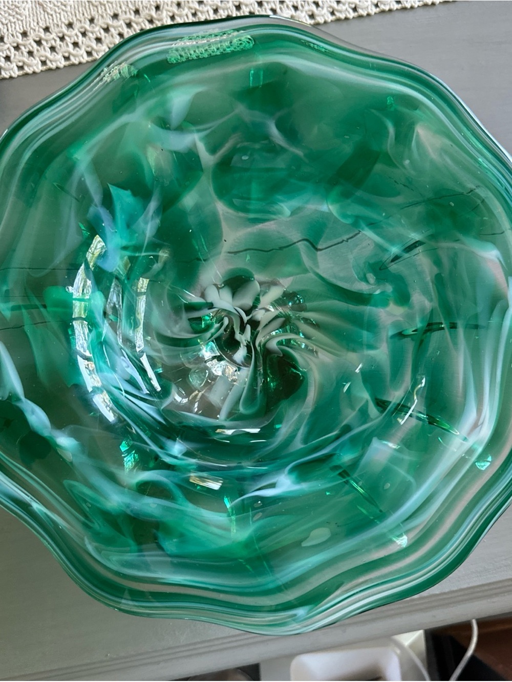 Signed Murano style Green and white Hand-Blown Glass Decorative pedestal Bowl